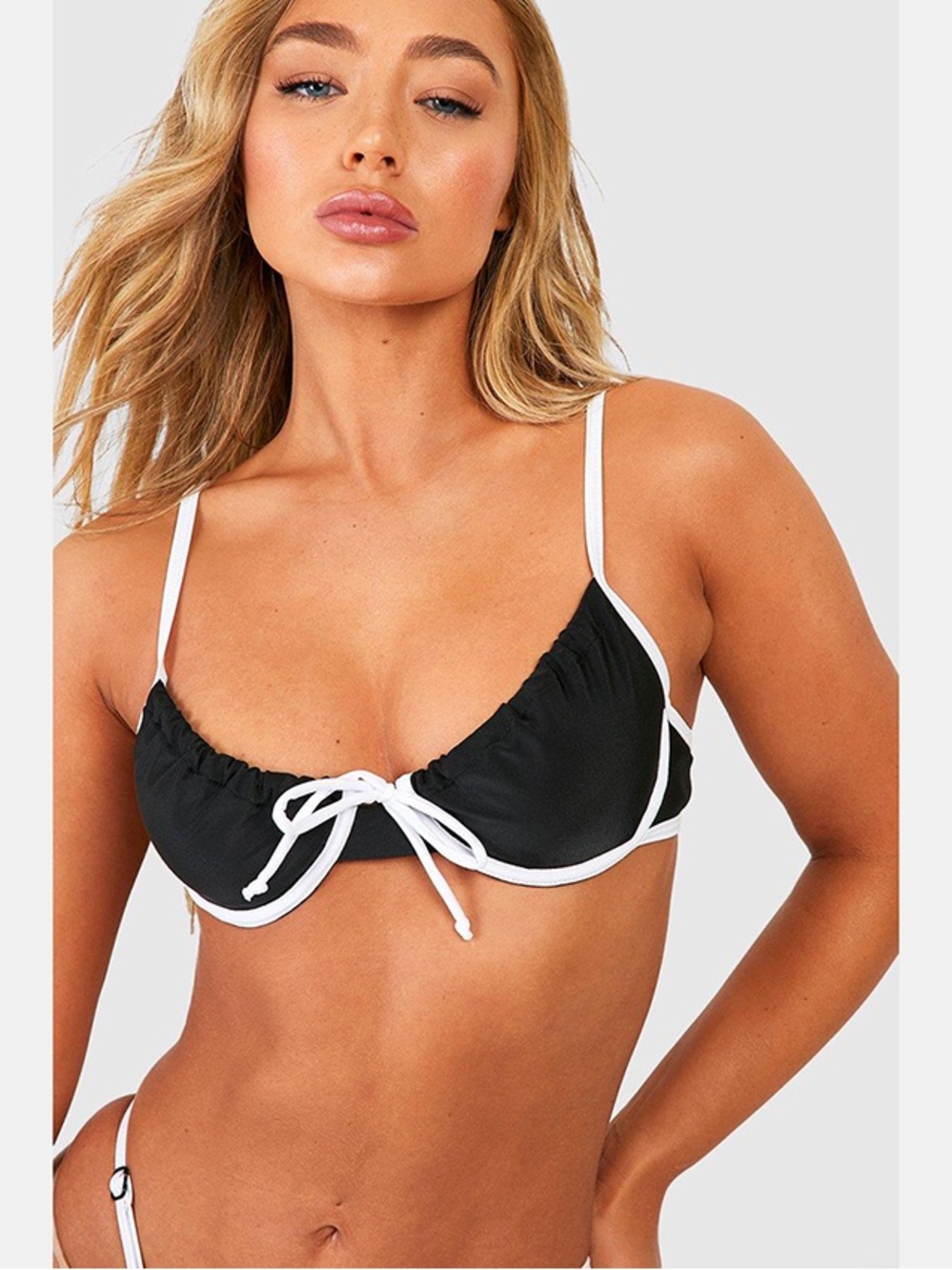 Boohoo Black & White Underwire Tie-Front Bikini Set